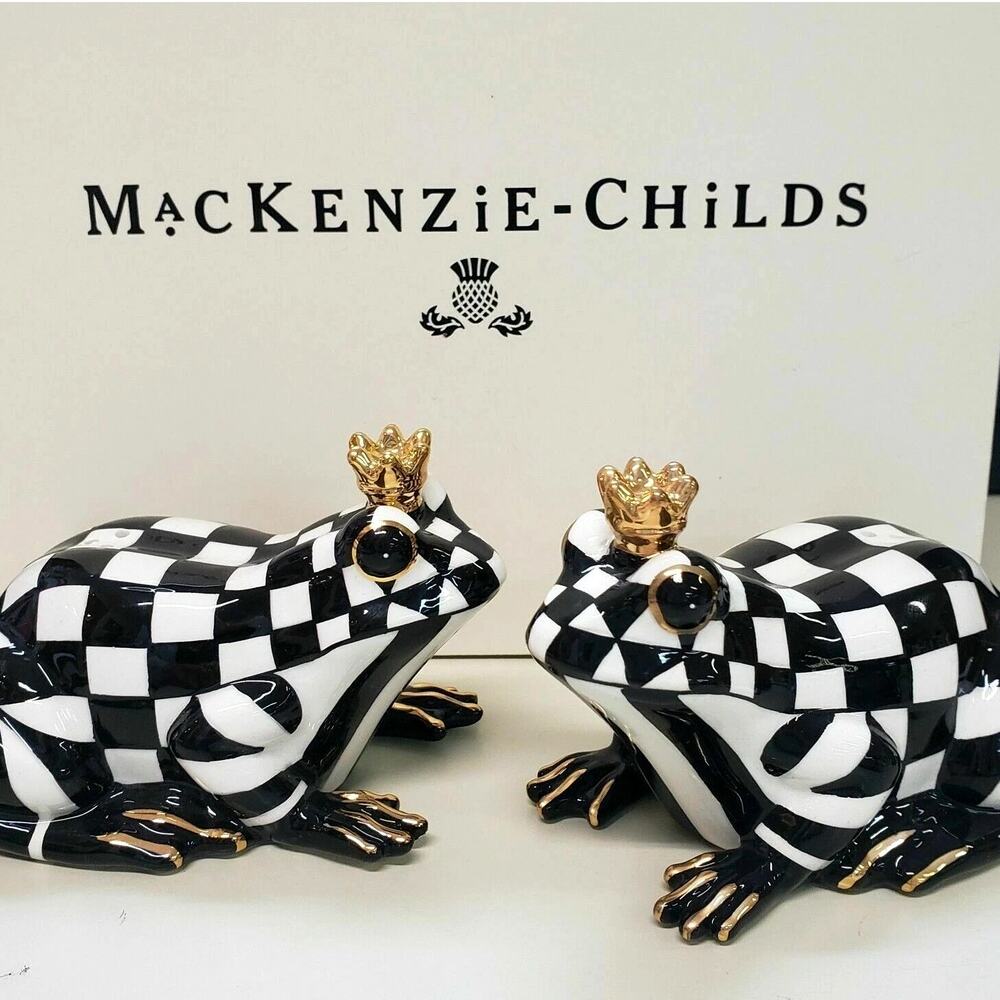 MacKenzie-Childs Black and White Checkered Frog Figurines with Gold Accents